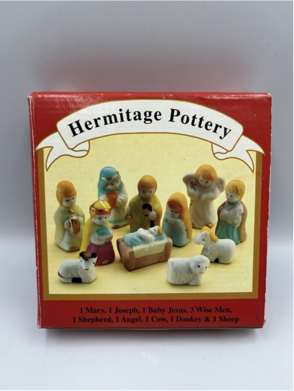 VINTAGE Hermitage Pottery Miniature Hand Painted 11 Piece Porcelain Nativity Set